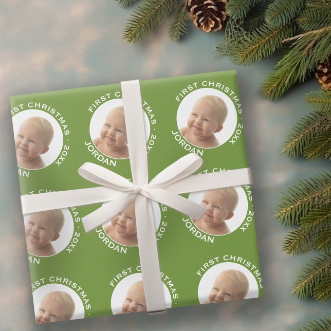 Papel De Presente Nome personalizado e ano da primeira foto de Natal (Personalized Wrapping paper - 1 Photo)
