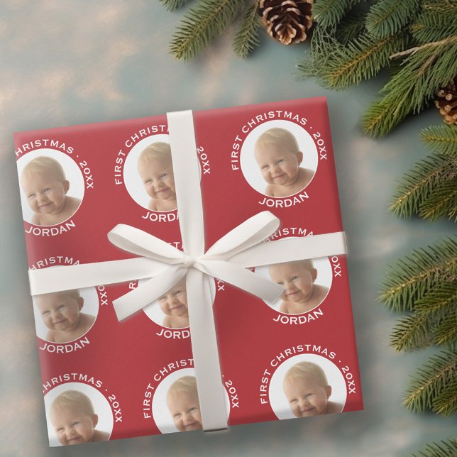Papel De Presente Nome personalizado e ano da primeira foto de Natal (Personalized Wrapping paper - 1 Photo)