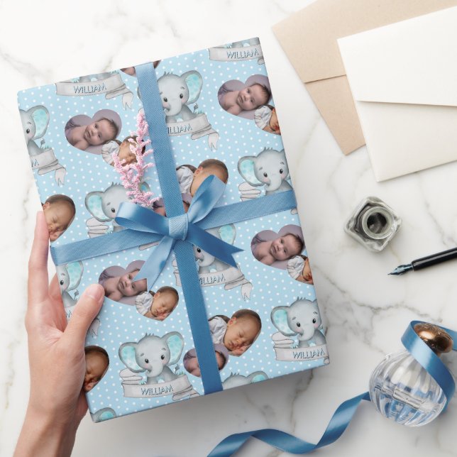 Papel De Presente Nome Personalizado e Elephant Baby Boy Blue (Presentear)