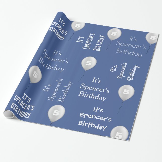 Papel De Presente Nome Personalizado e Idade Azul de Aniversário (Desenrolado)