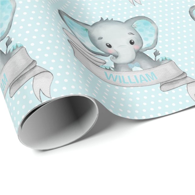Papel De Presente Nome personalizado Elefant Baby Boy Blue & Cinza (Ponta do rolo)