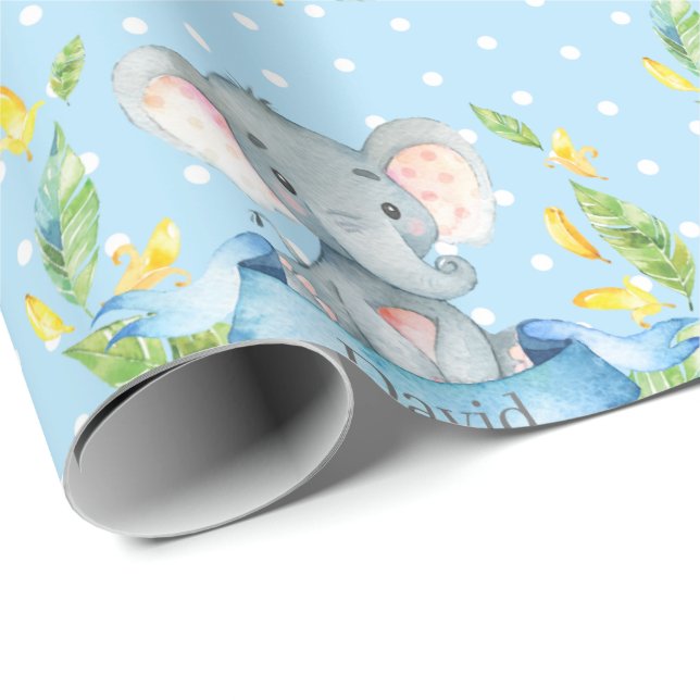 Papel De Presente Nome personalizado Elefant Baby Boy Blue e Cinzas (Ponta do rolo)