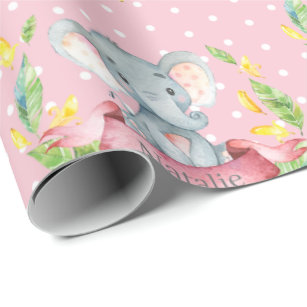 Papel De Presente Nome personalizado Elefant Baby Girl Pink e Cinza