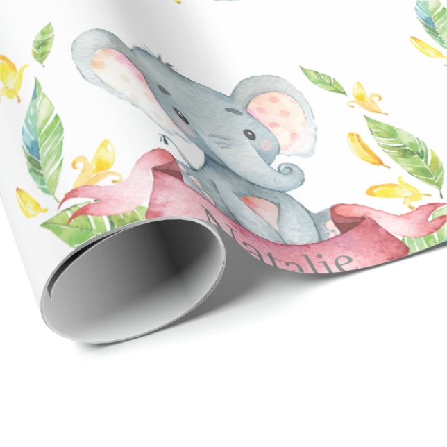 Papel De Presente Nome personalizado Elefant Baby Girl Pink e Cinza (Ponta do rolo)