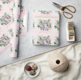 Papel De Presente Nome Personalizado Elefante Menina Bebê Rosa Verde