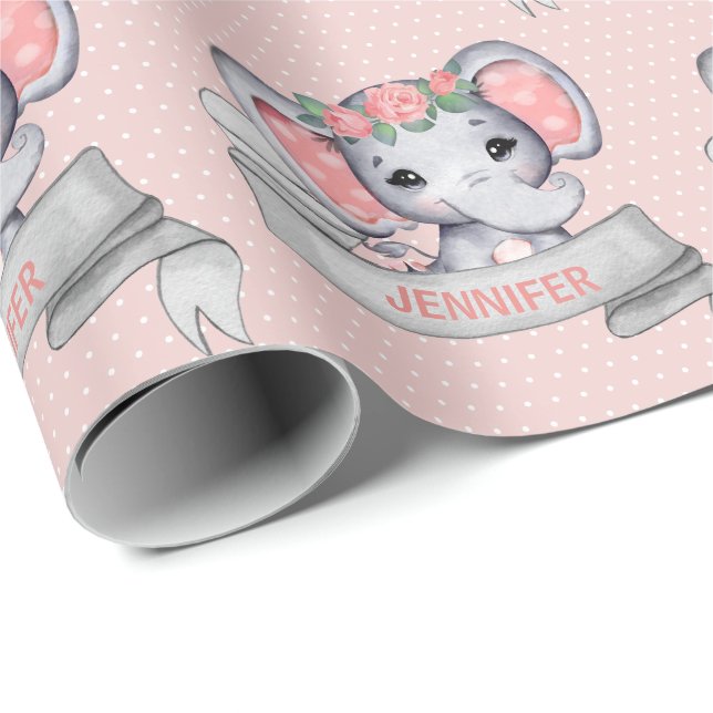 Papel De Presente Nome Personalizado Elefante Menina Rosa e Cinza (Ponta do rolo)