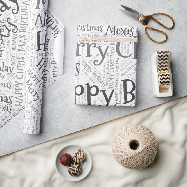 Papel De Presente Nome Personalizado Feliz Aniversário de Natal Engr (Artesanato)