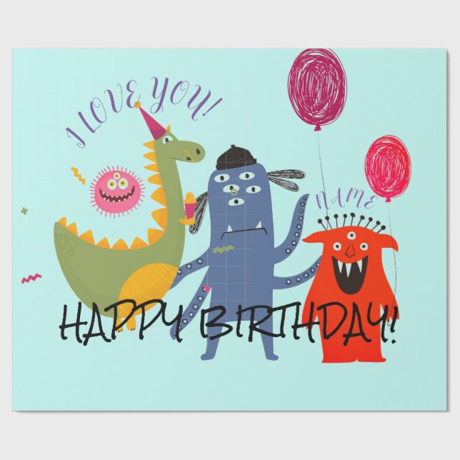 Papel De Presente NOME PERSONALIZADO FELIZ MONSTER BIRTHDAY Wraptor  (Aberto)