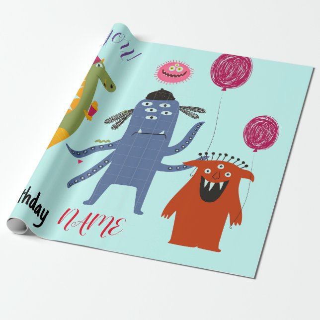 Papel De Presente NOME PERSONALIZADO FELIZ MONSTER BIRTHDAY Wraptor  (Desenrolado)