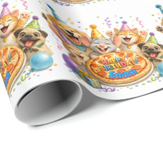 Papel De Presente Nome Personalizado Festa de Aniversário Pizza Anim