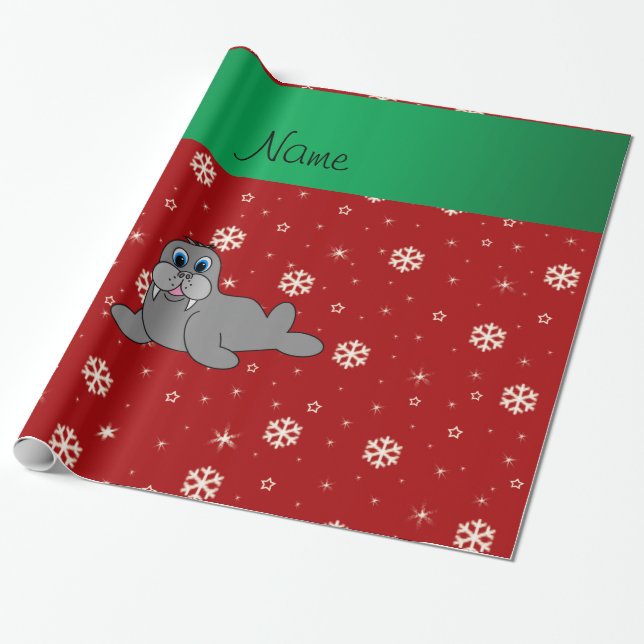 Papel De Presente Nome personalizado Floco de neve vermelho morsa (Desenrolado)