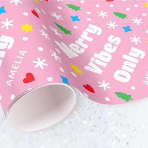 Papel De Presente Nome Personalizado Fofo Natal Rosa Retrô Natal