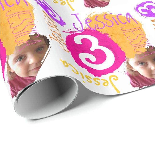 Papel De Presente Nome personalizado fotografia 3.o aniversário de p (Ponta do rolo)