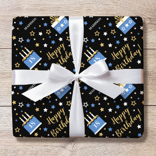 Papel De Presente Nome Personalizado Idade Aniversário Bolo Azul Pre