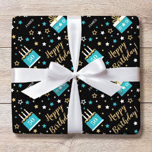 Papel De Presente Nome Personalizado Idade Bolo de Aniversário Azul