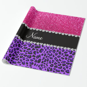 Papel De Presente Nome personalizado leopardo roxo reluzente rosa