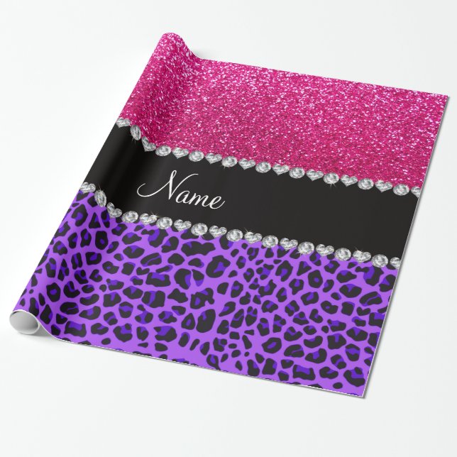 Papel De Presente Nome personalizado leopardo roxo reluzente rosa (Desenrolado)