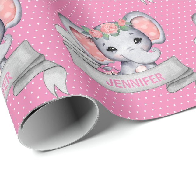 Papel De Presente Nome Personalizado Menina Elefante Rosa (Ponta do rolo)