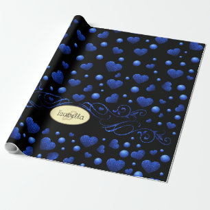Papel De Presente Nome personalizado, padrão de brilho cardíaco az
