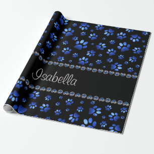 Papel De Presente Nome personalizado, patas de cão com brilho azul