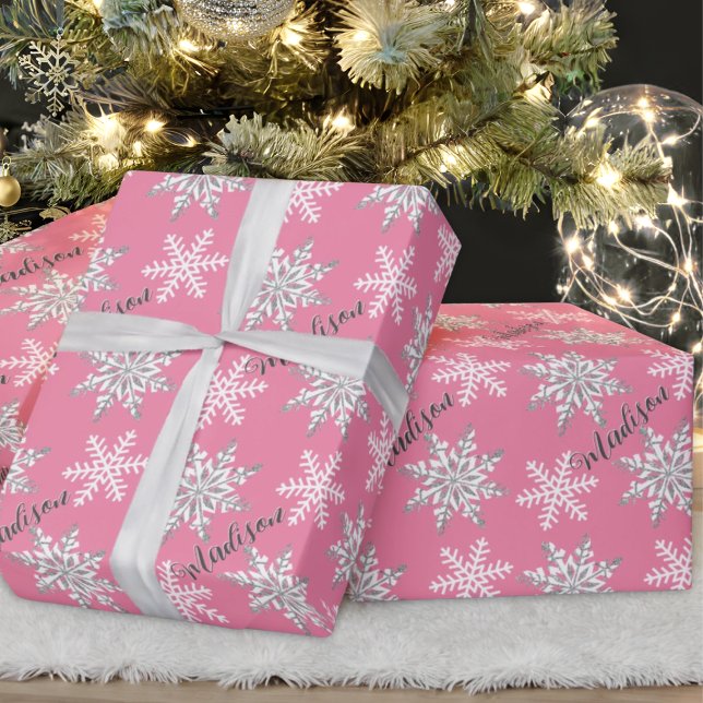 Papel De Presente Nome Personalizado, Presente Rosa Silver Snowflake (Criador carregado)