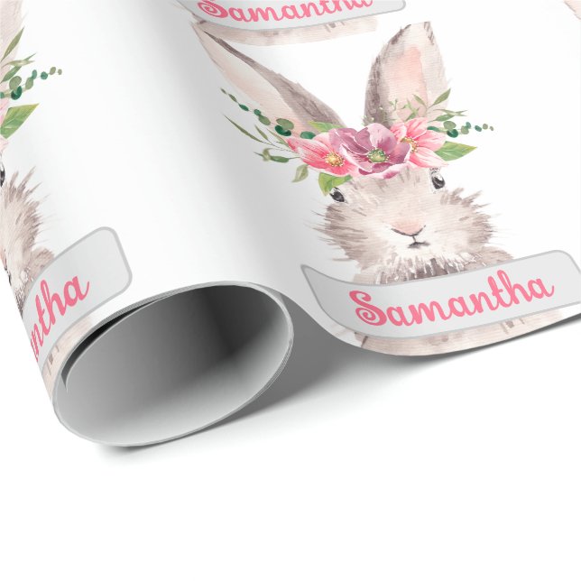 Papel De Presente Nome Personalizado Rapariga Coelho Rosa (Ponta do rolo)