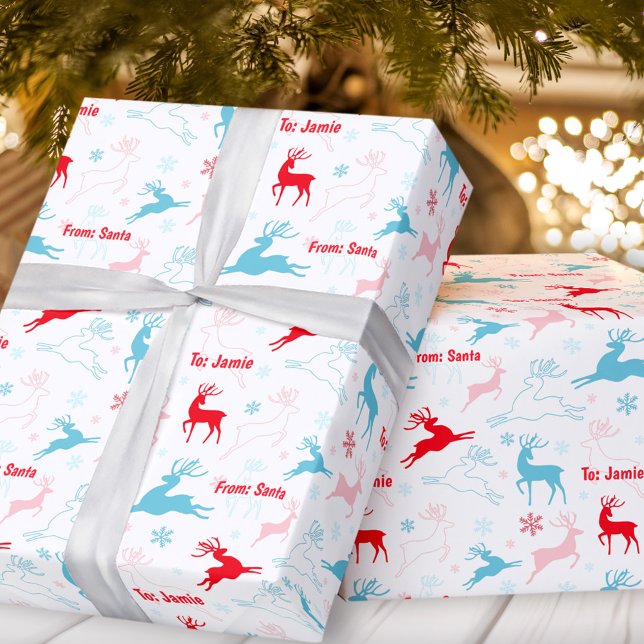 Papel De Presente Nome Personalizado Vermelho Azul Simples e Nórdico (Christmas Deer Nordic Simple Blue Red Custom Name Wrapping Paper)