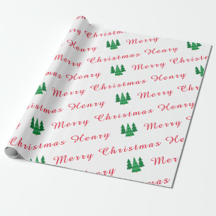 Papel De Presente Nome Personalizado Vermelho e Branco Feliz Natal