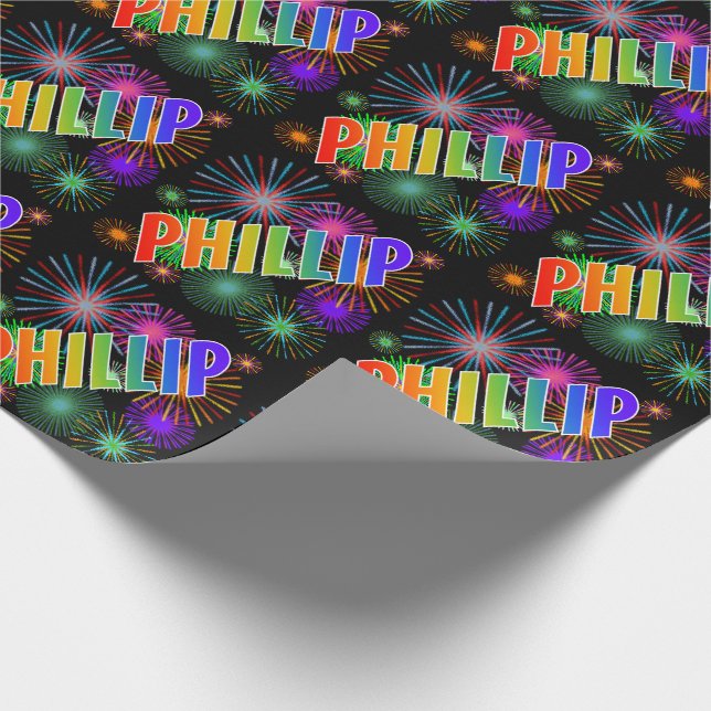 Papel De Presente Nome "PHILLIP" em Arco-Íris + Fogos de Artifício (Ponta)