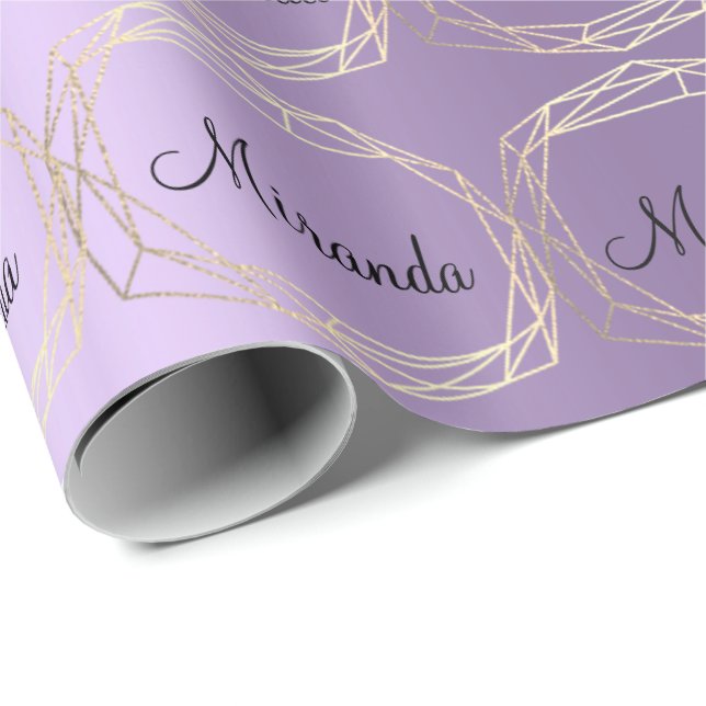 Papel De Presente Nome Poligonal Roxo Plum Champaigne Dourado Diamon (Ponta do rolo)