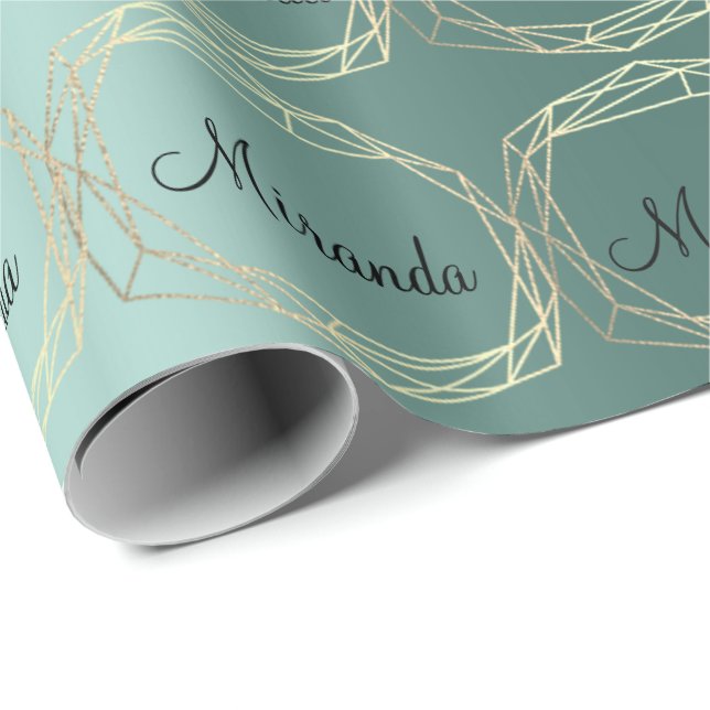 Papel De Presente Nome Poligonal Teal Green Champaigne Dourado Diamo (Ponta do rolo)