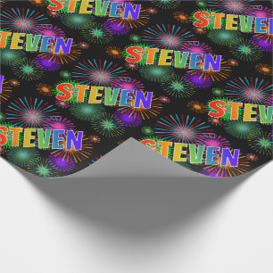 Papel De Presente Nome "STEVEN" do arco-íris + Fogos-de-artifício