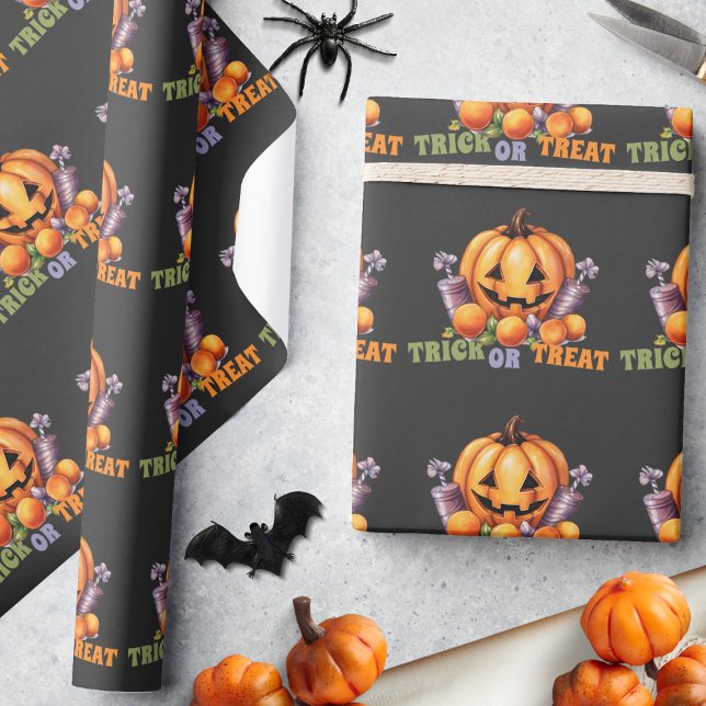 Papel De Presente Nome Trick ou Treat Spooky Pumpkin Halloween Candy (Criador carregado)