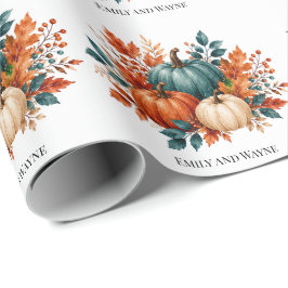 Papel De Presente Nomes de Casamento de Abóbora Ferrugem e Azul Turq