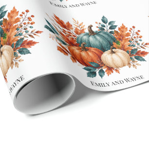 Papel De Presente Nomes de Casamento de Abóbora Ferrugem e Azul Turq