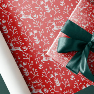 Papel De Presente Nórdico Folk Art Red Reindeer Antlers and Branche