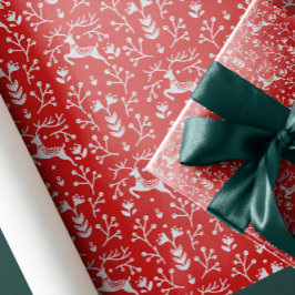 Papel De Presente Nórdico Folk Art Red Reindeer Antlers and Branches