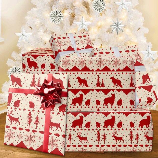 Papel De Presente Nórdico Suéter Vermelho Inverno Animais Suínos Cre (Nordic Sweater Creamy White & Red Winter Animals Christmas Holiday Wrapping Paper Rolls)
