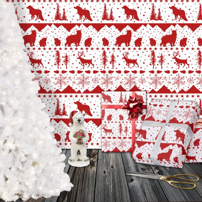 Papel De Presente Nórdico Sweet Red Winter Animal White (Nordic Sweater Red Winter Animals White Christmas Holiday Gift Wrapping Paper Rolls)