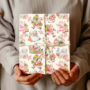Papel De Presente Nostalgia Retro Papai Noel Natal em Creme