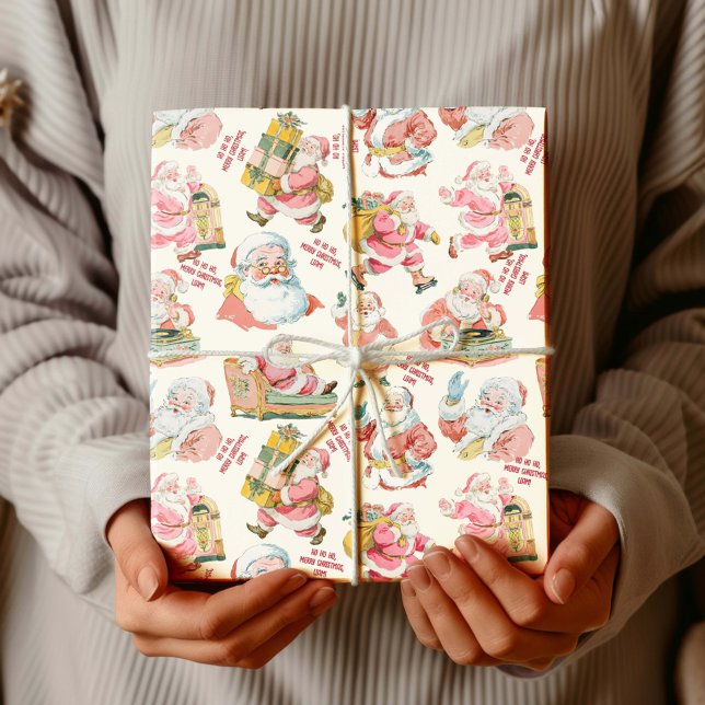 Papel De Presente Nostalgia Retro Papai Noel Natal em Creme (Retro Groovy Santa Claus-Festive Christmas Wrapping paper. Holiday Winter Gift wrapping set)