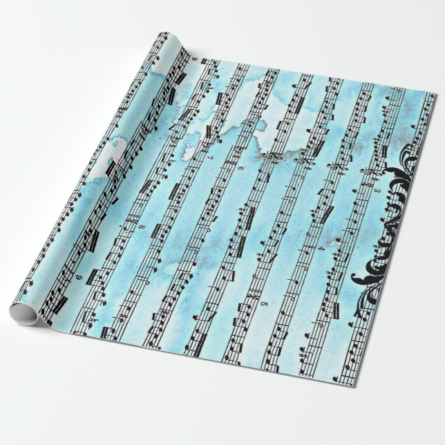 Papel De Presente Notas de música Blue Wrapping Paper, 30" x 6' (Desenrolado)