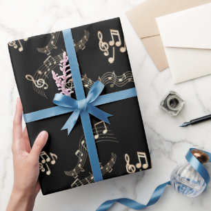 Papel De Presente Notas Musicais Douradas em Preto Médio