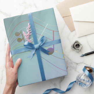 Papel De Presente Notas Musicais Gradiente Azul-Verde e Lavanda