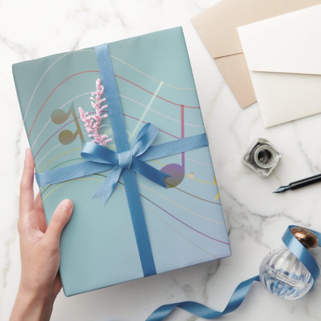 Papel De Presente Notas Musicais Gradiente Azul-Verde e Lavanda (Presentear)