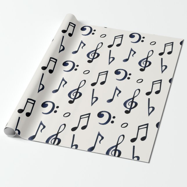 Papel De Presente Notas Musicais Negras, Escadas Em Branco (Desenrolado)