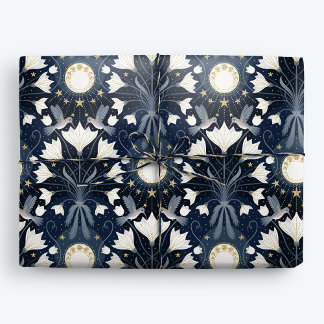 Papel De Presente Nouveau Hummingbird Moon, Arte Elegante Azul e Dou