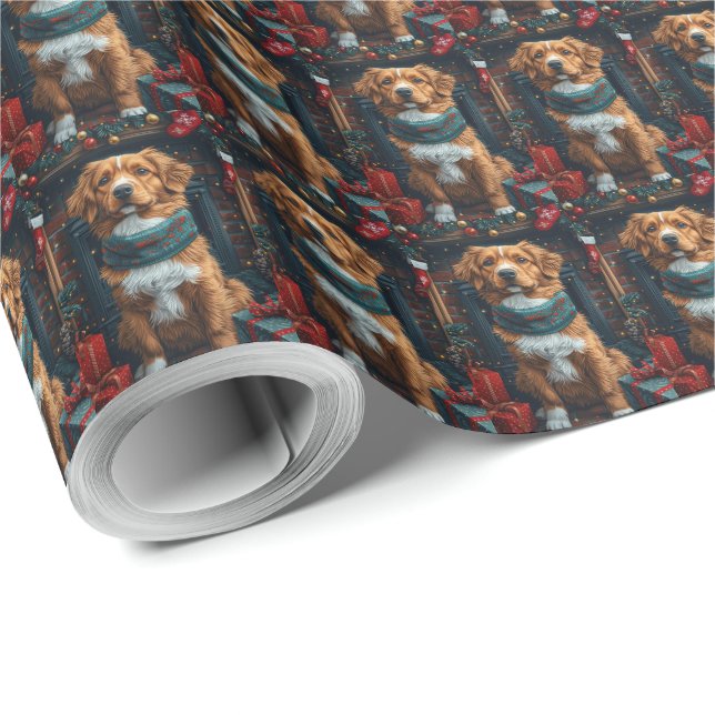 Papel De Presente Nova Escócia Duck Toller Lareira de Natal (Ponta do rolo)