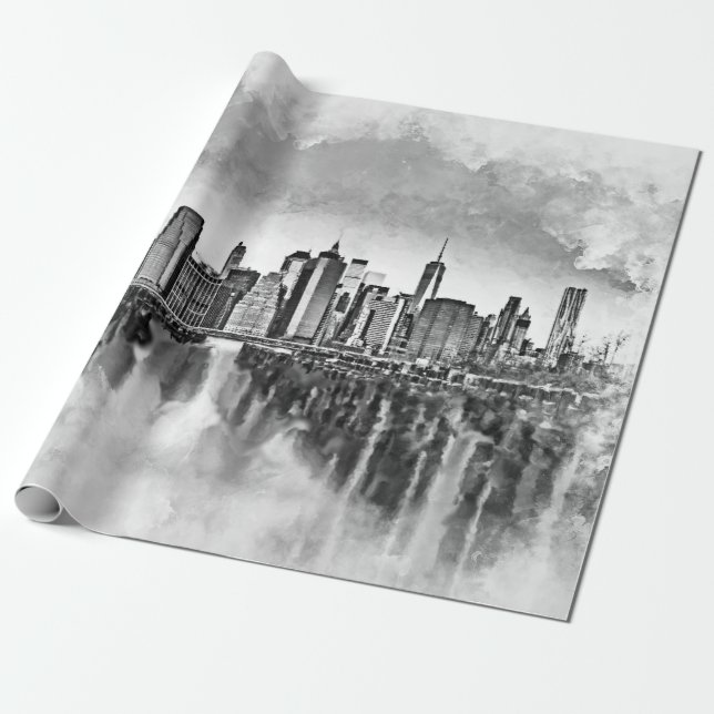 Papel De Presente Nova Iorque Manhattan Skyline - preto e branco (Desenrolado)