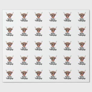 Papel De Presente Novilha Valentine Highland Cow Design Vintage_1